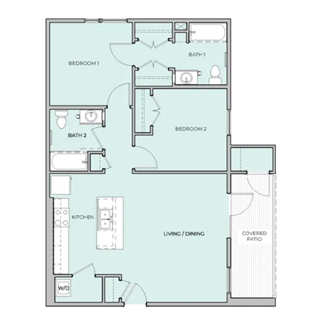 A floor plan with two bedrooms, a living/dining area, a kitchen, two bathrooms, and a covered patio.